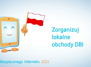 Logo związane z obchodami Dnia Bezpiecznego Internetu, na niebieskim tle tablet zflagą Polski zachęcający do podjęcia działań w ramach DBI