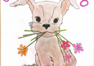 Rysunek psa z kwiatkami i życzeniami