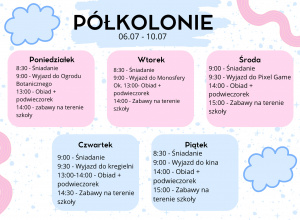 Harmonogram półkolonii - II turnus