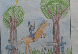 Rysunek przedstawiający "Hubala" na koniu wykonany przez ucznia kl. 2c
